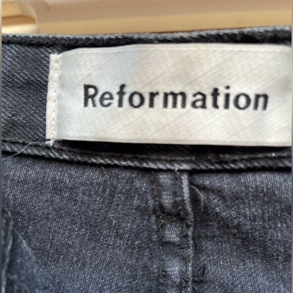 Reformation, distressed, black denim ankle pants, zipper closure, pockets, 25 - Picture 2 of 8
